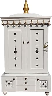 Wooden Temple Mandir White Beautiful Hanging Bells Handcrafted Pooja Ghar Mandir (Design 33)