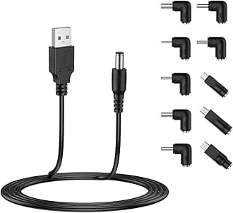 LIANSUM USB to DC 5V Power Cord, Universal DC 5.5x2.1mm Plug Jack Charging Cable with 10 Connector Tips(5.5x2.5, 4.8x1.7, 4.0x1.7, 4.0x1.35, 3.5x1.35, 3.0x1.1, 2.5x0.7, Micro USB, Type-C, Mini USB)5FT