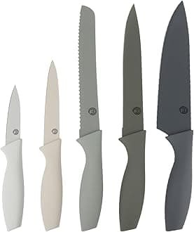 Knife Set of 5 Kitchen Knives for Cooking (Paring, Utility, Bread, Carving & Chef Knives), Professional Sharp Stainless Steel, Non Stick Blades & Soft Touch Handles, Earth, 5 Piece