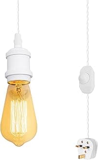 4.5 Meters of White Twisted Fabric Cable Plug in Pendant Lighting Kit Pendant Light Fitting with Dimmer Switch and E27 White Lamp Holder