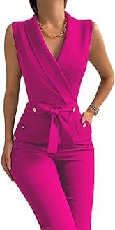 Uni ClauWomen's Elegant Jumpsuits V Neck Sleeveless Straight Belted Long Pants Business Suits Set with Pockets