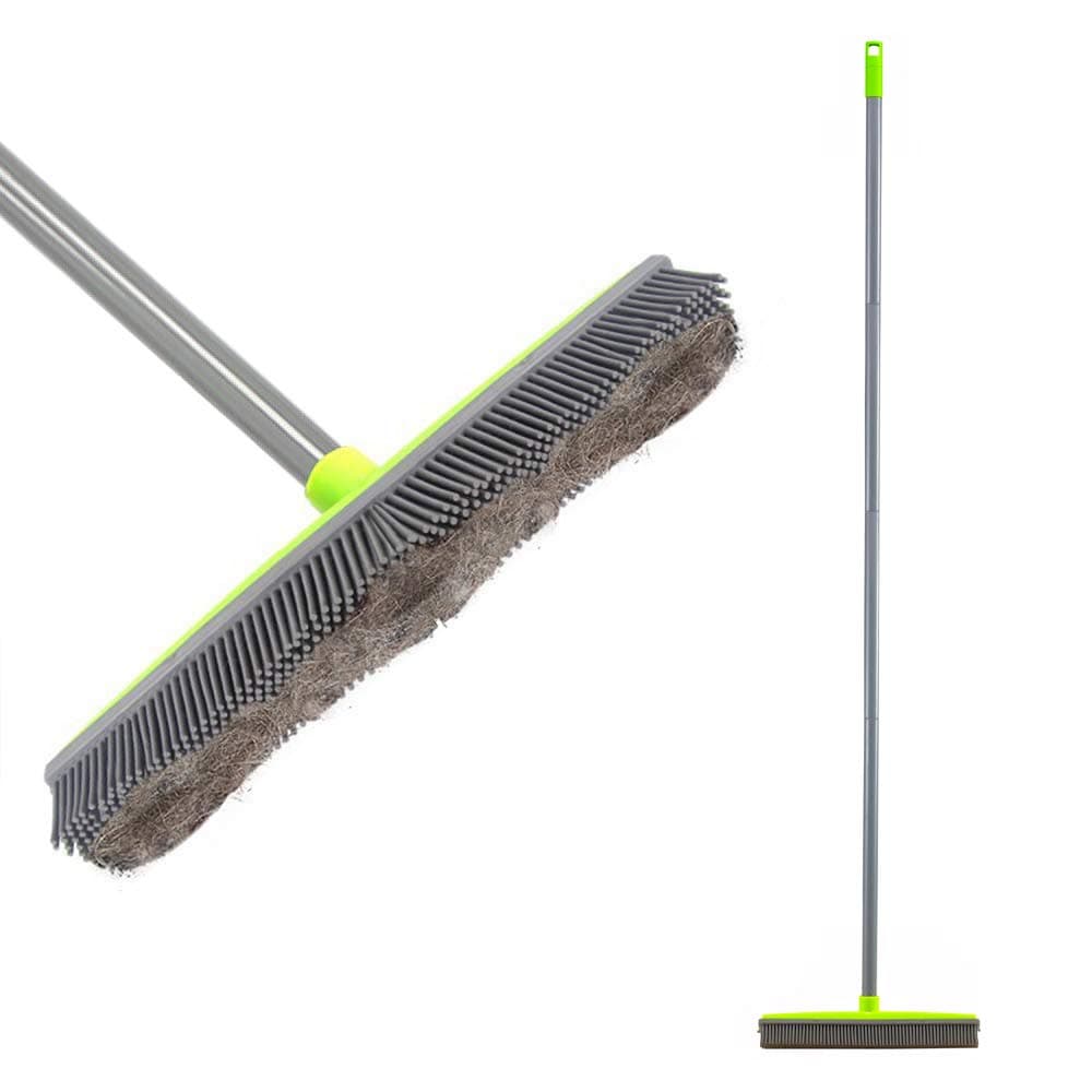 LandHope Push Broom Long Handle Rubber Bristles Sweeper Squeegee Edge 59 inches Non Scratch Bristle Broom for Pet Cat Dog Hair Carpet Hardwood Tile Windows Clean Water Resistant (Multi Segment Handle)