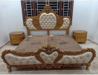 CLASSIC WOOD & CRAFT® Timeless King Size Bed Frame - High Headboard, Footboard, & Premium Teak Wood - Customizable Features, 203 cm x 193 cm No Mattress Included (Design-7)