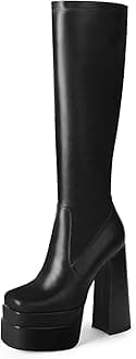Women's Black Platform Knee High Boots Stacked High Heeled Boots Square Toe Side Zip Stretch Go-Go Boot