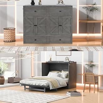 Full Size Murphy Bed with Charging Station & Drawer,Mobile Cabinet Bed Murphy Chest Bed with USB Ports,Wooden Space-Saving Folding Murphy Bed for Bedroom Guest Room,Brushed Gray
