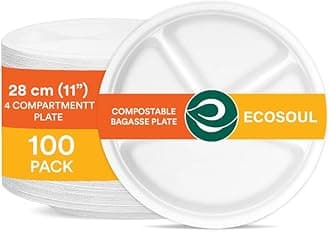 ECO SOUL [11 inch, 100 Pack, 4 Compartment] Disposable Bagasse Plates | Eco-friendly, Biodegradable, Sugarcane Plates | For Serving Snacks & Dinner | Birthday,Wedding & Party | Rectangle, White(28 cm)