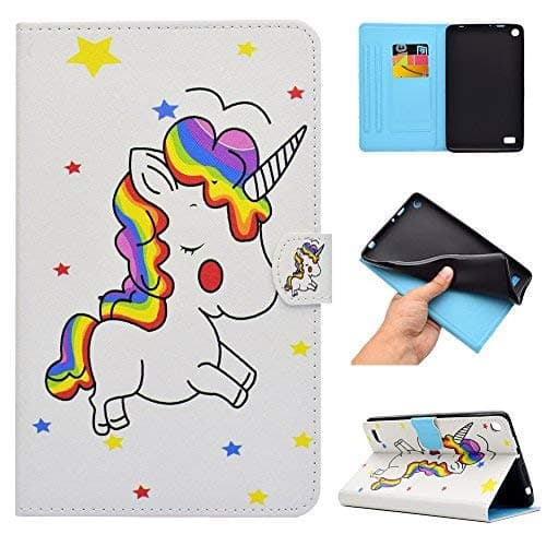 Case for Amazon Fire 7 Tablet, GSWAY Ultra Slim Lightweight Folding Stand PU Leather Cover with Auto Wake/Sleep for Amazon Kindle Fire 7" (7th/5th Generation, 2017/2015 Release) - Unicorn