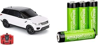 CMJ RC Cars TM Range Rover Sport Remote Control Car 1:24 scale with Working LED Lights, Radio Controlled Supercar & Amazon Basics AA Rechargeable Batteries, Pre-charged - Pack of 4