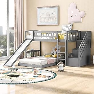 Morhome Twin Low Bunk Bed with Slide and Storage Stairs Drawers, Wooden Floor Bunkbeds Low Loft Bed for Kids/Teens/Bedroom