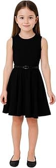 Girls Plain Skater Dress Party Fashion Summer Dresses Round Neck Sleeveless Flared Lightweight Dress with Free Belt Age 5-13 Years
