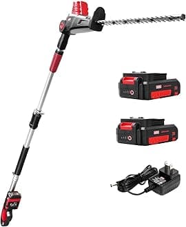 MZK 20V MAX 23-inch Cordless Pole Hedge Trimmer Attachment, 8-Feet Reach, Electric Hedge Trimmer with Extension Pole, Multi-Angle (Two Batteries and Charger Included)