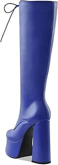 Women's High Chunky Heel Platform Knee High Boots Fashion Leather Lace Up Heeled Long Boots Wide Calf