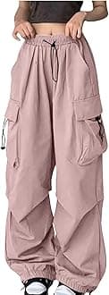 Generic Cargo Pants Women High Waisted Baggy Fashion Streetwear Y2k Drawstring Trousers Outdoor Workout Wide Leg Hiking Pants Pink, Large