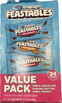 Mr..Beast Feastables Chocolate Candy Assortment, 24 Count, 1.24 oz Bars