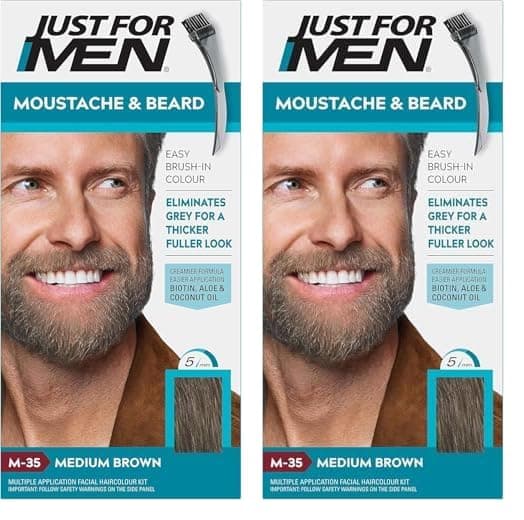 Just for men Moustache & Beard Medium Brown Dye, Eliminates Grey for a Thicker & Fuller Look – M35 (Pack of 2)