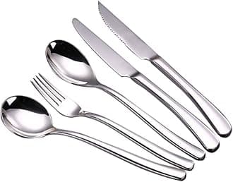 Silverware Flatware Cutlery Set, 5/20/30/40/50/60 Pieces Household Stainless Steel Cutlery Set, Steak Knife, Main Table Spoon, Main Table Fork, Dessert Spoon (Silver 6Set)