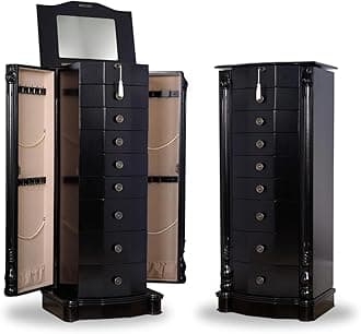 Roman Locking Jewelry Armoire – 8 Drawer Organizer with Mirror, Side Necklace Hooks, Ring Rolls and Anti-Tarnish Lining