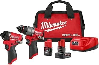 MilwaukeeM12 FUEL 12V Lithium-Ion Brushless Impact Driver and Cordless Hammer Drill Combo Kit with Batteries and Bag (2 Tools)