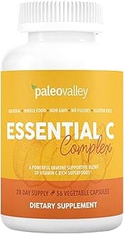 Paleovalley Essential C Complex - Vitamin C Supplement for Immune Support - 1 Pack, 450mg - Organic Superfoods Unripe Acerola Cherry, Camu Camu, Amla Berry - No Synthetic Ascorbic Acid - USA Made