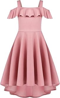 Girls Summer Dress Off Shoulder Flutter Sleeve Midi Swing Cassual Formal Dresses with Pocket