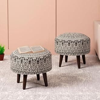 Nestroots Printed Ottoman Cushion Footrest Stool Pouf - 4 Wooden Legs Added Stability (Brown Printed, Set of 2)