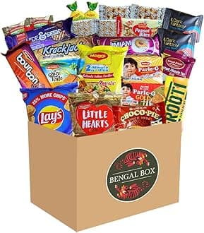 BENGAL BOX Indian Snack Box Assortment 24 Piece, Individually Packaged Top Brand Named Snacks Essential Sample Pack of Chips Pie Cookie Candy
