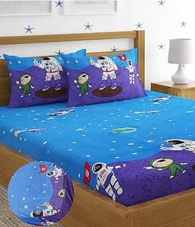 Home Sizzler 144 TC Microfibre Kid's Space Elastic Fitted Double Bedsheet (72X78 inch) with 2 King Size Pillow Covers