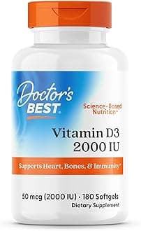 Doctor's Best Vitamin D3 2000 IU Softgels for Men & Women - Vitamin D Supplement for Immune System & Heart Health Support, 50 mcg per Serving, Vit D 3, Non GMO, Gluten Free, Soy Free - 180 Softgels
