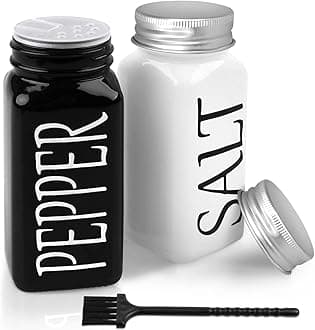 2 Pack Salt and Pepper Shakers Set, Farmhouse Style Salt and Pepper Shakers, Vintage Glass and Stainless Steel Lid (Black and white)