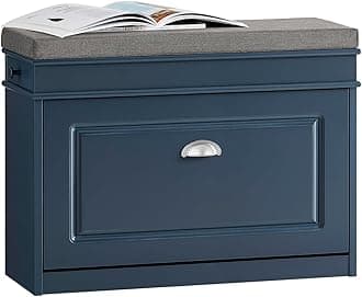 SoBuy Shoe Storage Bench with Seat Cushion - Narrow Shoe Cabinet with Flip Drawer, 2-Tier Rack, 150kg Load - Compact Hallway Storage Unit for Small Spaces Blue FSR82-L-B
