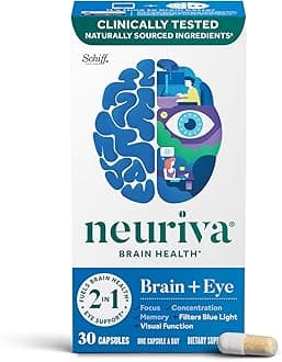 NEURIVA Brain + Eye Supplement for Memory, Focus & Concentration with Lutein & Vitamins A C E and Zinc for Eye Health & Zeaxanthin to Filter Blue Light, 30ct Capsules