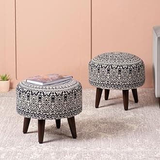 nestroots Set of 2 Wooden Ottoman Stools for Living Room | Printed Pouffes for Sitting, Footrest with 4 Wooden Legs | 14 Inch Height, Blue | Stylish & Comfortable Furniture for Home Dcor