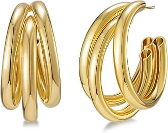 SWEETV Chunky Hoop Earrings for Women, 925 Sterling Silver Post Triple Open Hoops, Diameter 15/20/30MM