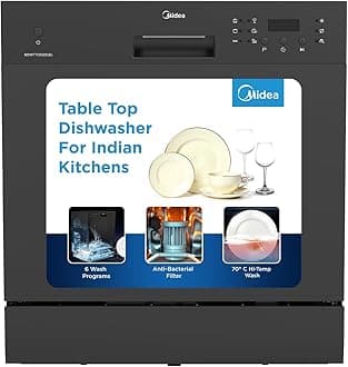 MIDEA 8 Place Setting Countertop Dishwasher (MDWTT0802D(B) IN, Black, 6 wash programs, Portable, anti-bacterial filter & Intensive 70 degree wash for Ultra Hygiene, 24 Hour Delay Timer)