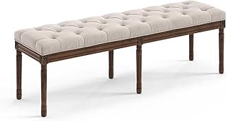 60" Fabric End of Bed Bench, Upholstered Tufted French Bedroom Bench with Carved Dark Brown Legs for Bedroom End of King Size Bed, Living Room, Linen