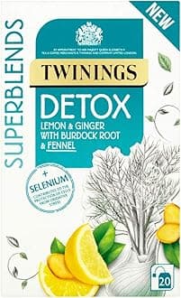 Twinings Detox 20 Tea Bags – Selenium contributes to the protection of cells. The fennel in this blend has a slight sweetness. Smooth lemon flavour. The ginger is gentle and warming