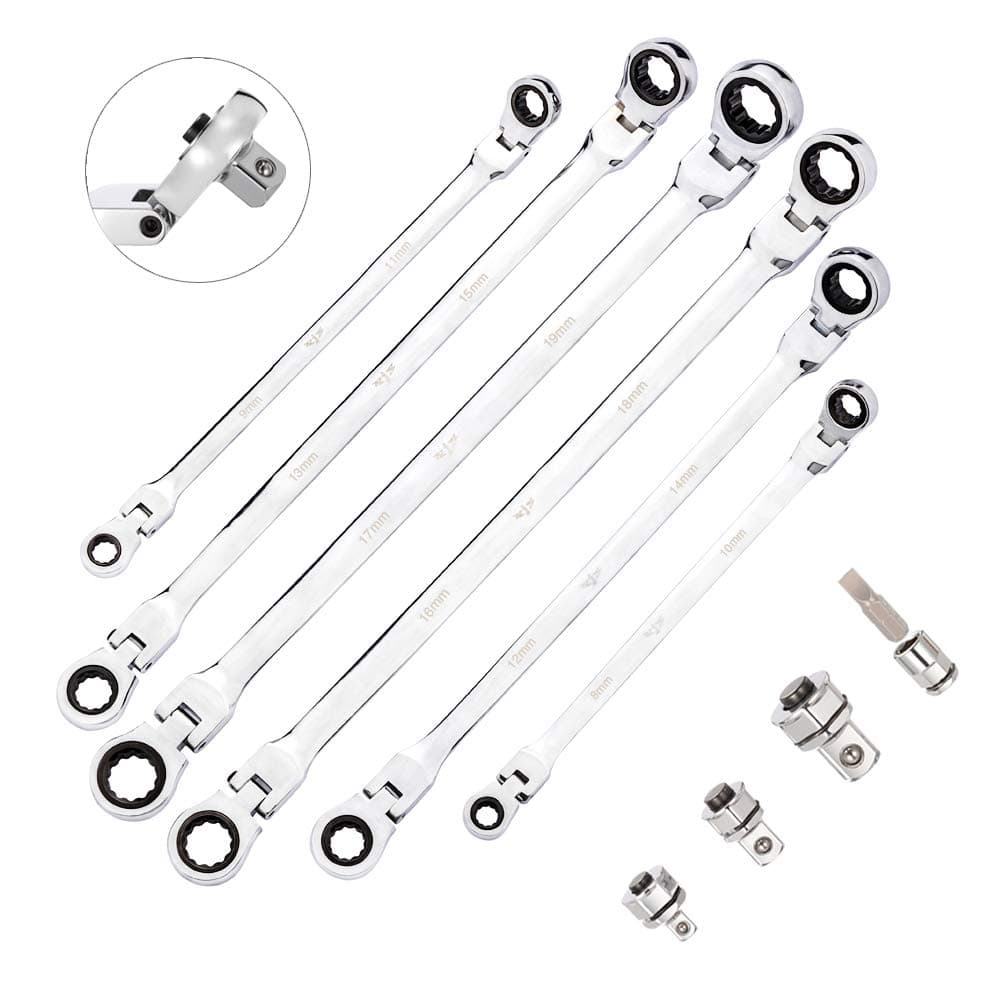 6-Piece Flex-Head Extra Long Ratcheting Wrenches Double Box End Chrome Vanadium Steel 72-Tooth Wrench Set with Metric 8mm - 19mm