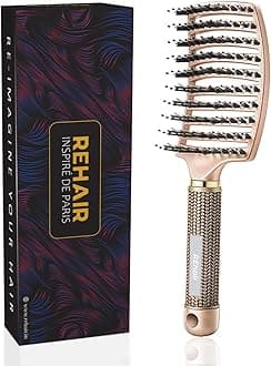 Premium Boar Bristle Detangler - Painless Hair Brush - Ventilated Design for Faster Blow Drying (Gold)