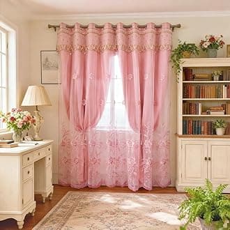 Amidoudou 1 Pair European Double Layer Curtains for Living Room Bedroom Luxury Flower Embroidered Curtains with Valance (Pink,52x95 Inch)