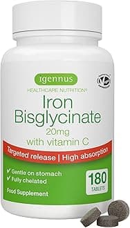 Igennus Chelated Iron Bisglycinate 20mg with Vitamin C, 180 Tablets, 6 Month Supply, Clean Label, Gentle Formula & Targeted Release, One Daily, for Women & Men, Vegan, by Igennus