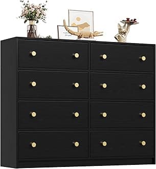 Nicehill Chest of Drawers with 8 Drawers, Wooden Frame & Gold Handles, Fabric Chest of Drawers for Bedroom, Living Room, Hallway, Entryway, Black