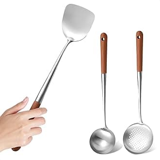 Wok Spatula and Ladle,Skimmer Ladle Tool Set, 17Inches Spatula for Wok, 304 Steel Wok Spatula