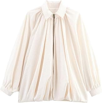 Women’s Puffed Bomber Jacket Trendy Lapel Collar Long Batwing Sleeve Front Zip Oversized Shirts