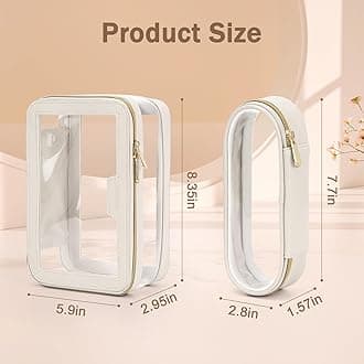 Travel Clear Makeup Bag with Makeup Brush Bag, Leather Makeup Case Toiletry Bag, Portable Cosmetic Bag Case, Transparent Waterproof Cosmetic Organizer Storage Bag for Women, Off-White, M, 1