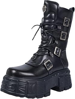 ZKXYFFS Platform Ankle Boots for Women Chunky High Heel Booties Goth Round Toe Combat Wedges Boots Buckle Studded Motorcycle Booties