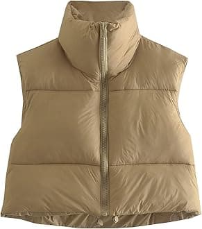 CULACCINO Women's Winter Cropped Puffer Vest Crop Jackets For Women Full Zip Stand Collar Padded Lightweight Outwear Vest
