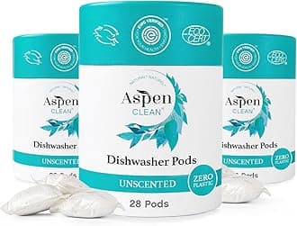 Unscented Dishwasher Pods by AspenClean, New and Improved Packaging, Zero Plastic, Vegan, Eco-Friendly, Natural Dishwasher Detergent, EWG Verified™ - 28 Count (3 Pack)