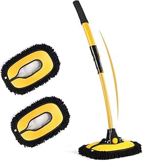 15° Curve Car Wash Brush,Telescopic Car Cleaning Brush, Microfibre Mop, Upgraded Aluminum Alloy Car Wash Brush Long Handle for Cars RV SUV Truck (Yellow( Mop and 2 Head))