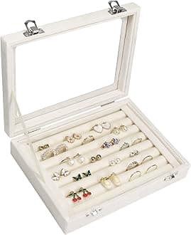 Vicoter Rings Organizer Tray 7 Slots Velvet Jewelry Earring Storage Box with Transparent lid Jewelry Display Case for Girls Wife Mom Women (Beige)
