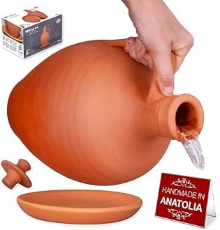 Hakan Anadolu Natural Clay Water Pitcher Set | Unglazed Terracotta Water Carafe & Plate | Traditional Small Mud Jug | Pottery Jar for Drinking Water | Large | 3.3 qts